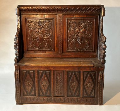 Neo-Gothic style natural wood bench carved...