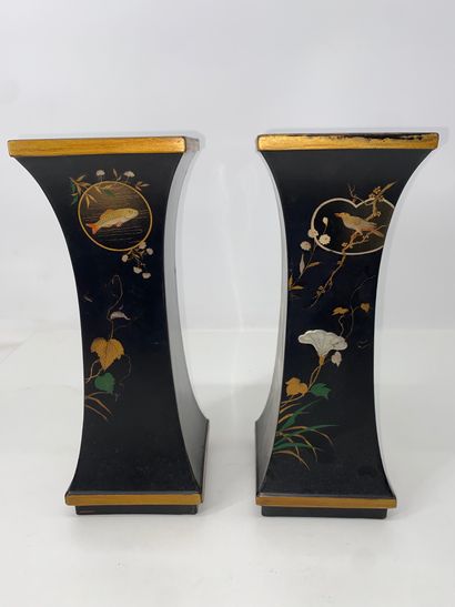 Pair of horn vases in polychrome and gold...