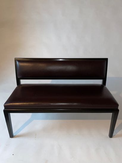 Black lacquered wood bench with brown leather...