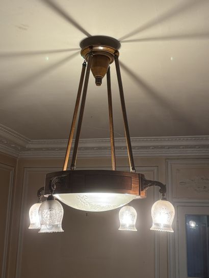 Round suspension lamp in veneered wood, bronze...