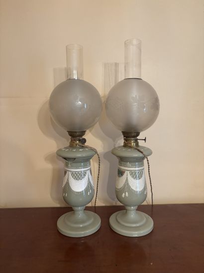 Pair of pistachio opaline oil lamp bases...