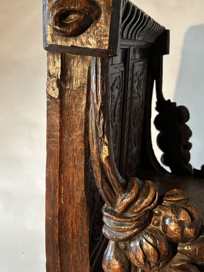Neo-Gothic style natural wood bench carved...