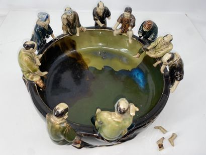 Large polychrome enameled stoneware Sumidagawa...