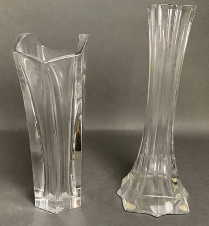 BACCARAT Two crystal soliflor vases, marked...