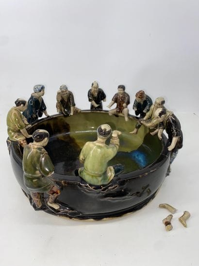 Large polychrome enameled stoneware Sumidagawa...