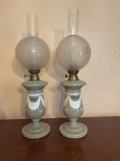 Pair of pistachio opaline oil lamp bases...