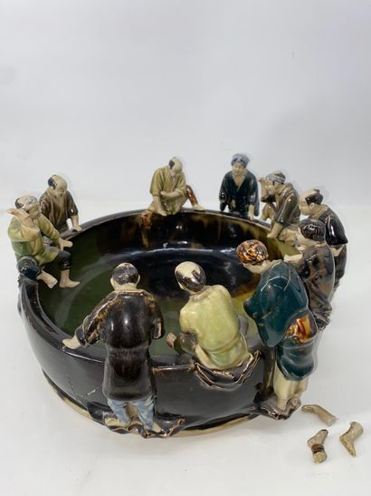 Large polychrome enameled stoneware Sumidagawa...