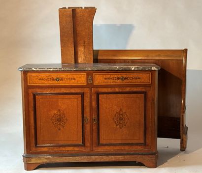 Bedroom furniture in light-stained wood,...
