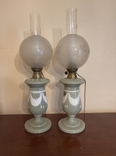 Pair of pistachio opaline oil lamp bases...