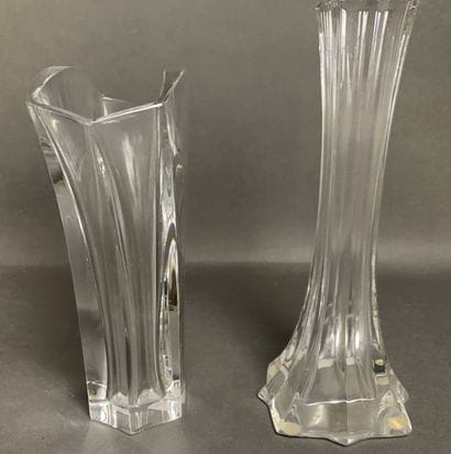 BACCARAT Two crystal soliflor vases, marked...
