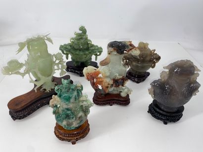 CHINA Set of six candle-burners in hard stones...
