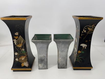 Pair of horn vases in polychrome and gold...