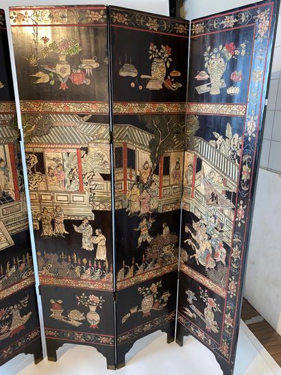 CHINA Six-leaf folding screen in incised...