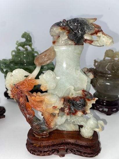 CHINA Set of six candle-burners in hard stones...