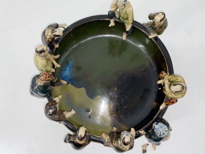 Large polychrome enameled stoneware Sumidagawa...