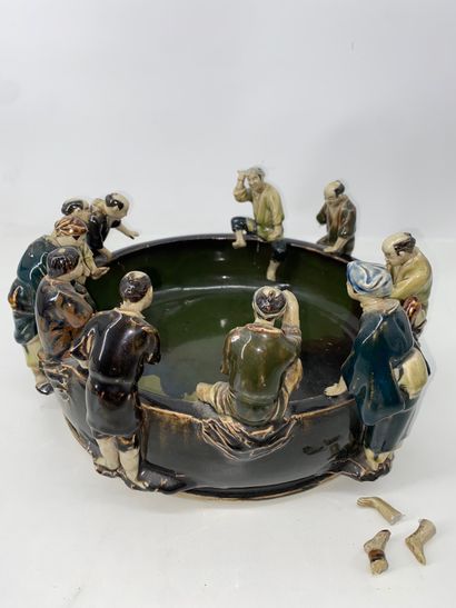 Large polychrome enameled stoneware Sumidagawa...
