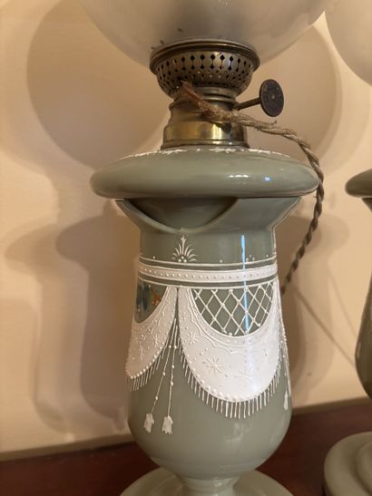 Pair of pistachio opaline oil lamp bases...