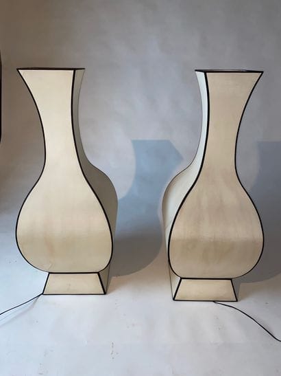 Pair of baluster-shaped pagoda lamps in white...
