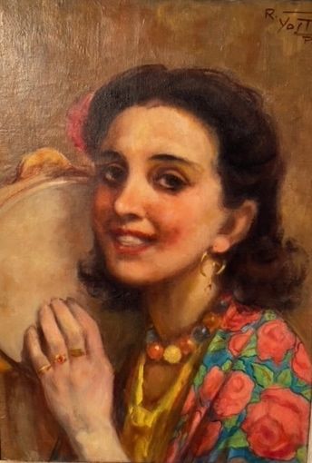 R. YOSTIN (XXe siècle) 
Jeune femme au tambourin
Huile...