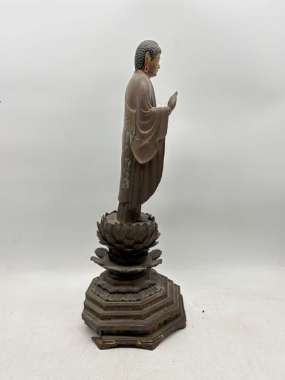Bouddha Amida Nyorai en bois doré debout...
