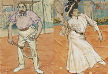 paire de dessins à l'aquarelle et traits...