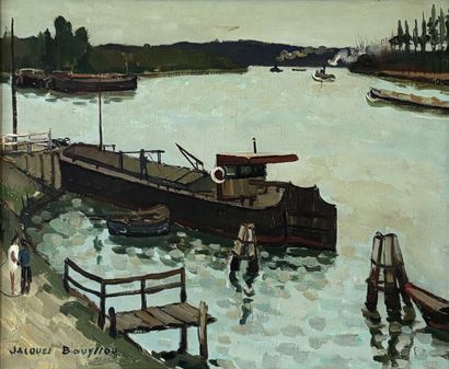 Jacques BOUYSSOU (1926-1997)
Péniche à quai,...
