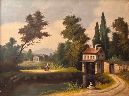 French school, 19th c.
Animated landscape
Oil...