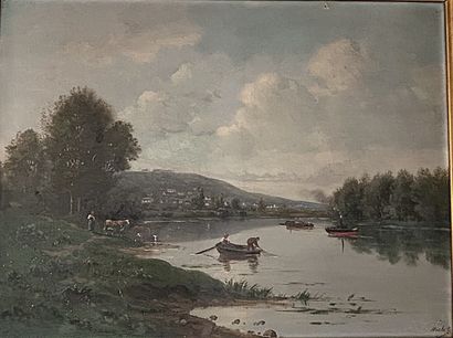 Nineteenth century school.
Lively river bank
Oil...