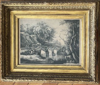 Black and white engraving, animated landscape...