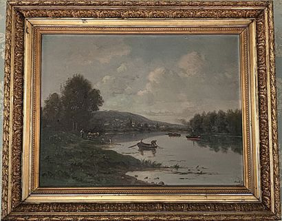 Nineteenth century school.
Lively river bank
Oil...
