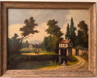 French school, 19th c.
Animated landscape
Oil...