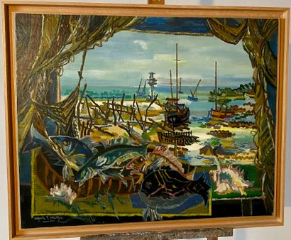Auguste HARZIC (1902-1988) 
Bords de mer
Huile...