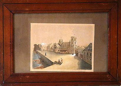 19th-century school
Bustling waterfront
Watercolor...