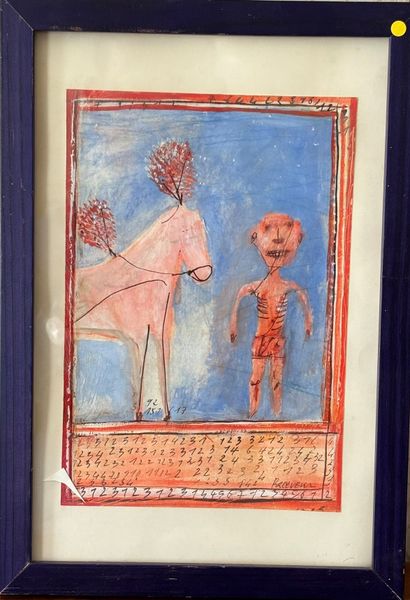 Ecole contemporaine
Personnage avec un cheval
Gouache...