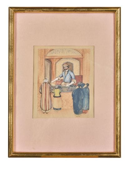 Ecole du XXe siècle 
Le marchand
Aquarelle...