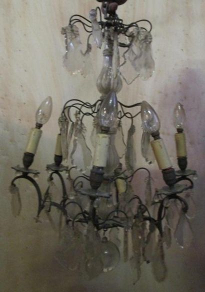 Lustre en métal et pampilles à six bras de...