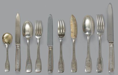 Ménagère en argent, modèle à pans coupés,...