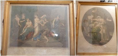 Deux gravures polychromes Cléopatre qui couronne...