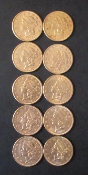Dix pièces de 20 dollars en or 1851, 1861,...