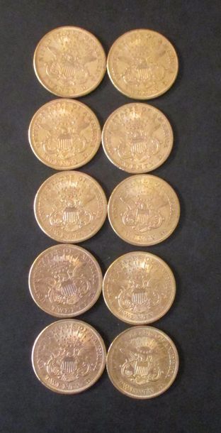 Dix pièces de 20 dollars en or 1851, 1861,...