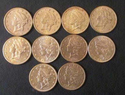 Dix pièces de 20 dollars en or 1873(3), 1875(3),...