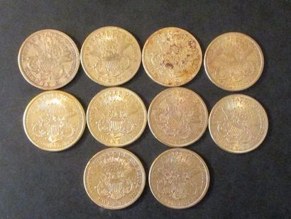 Dix pièces de 20 dollars en or 1873(3), 1875(3),...
