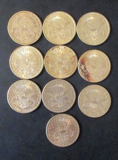 Dix pièces de 20 dollars en or 1876(5), 1879(2),...