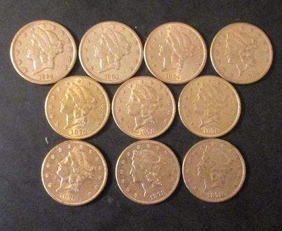Dix pièces de 20 dollars en or 1878(6), ...