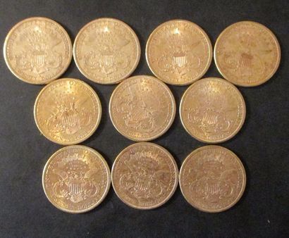 Dix pièces de 20 dollars en or 1878(6), ...