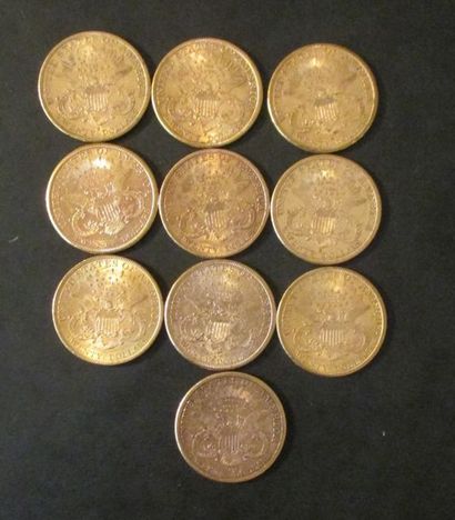 Dix pièces de 20 dollars en or 1883(6),1888(3),...