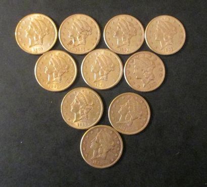 Dix pièces de 20 dollars en or 1889(5), 1891(4),...