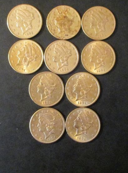 Dix pièces de 20 dollars en or 1894(9), ...
