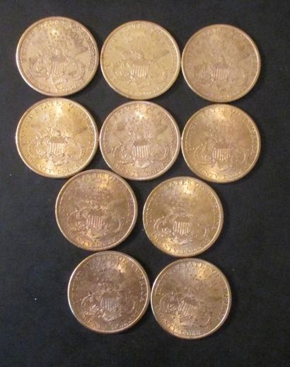 Dix pièces de 20 dollars en or 1894(9), ...
