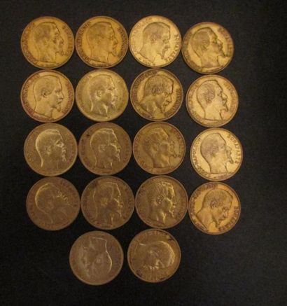Dix huit pièces de 20 FF en or Louis Napoléon...